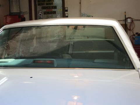 1991 Ford LTD Crown Victoria - Rear view of a white sedan, showing the interior through a dusty rear window.
