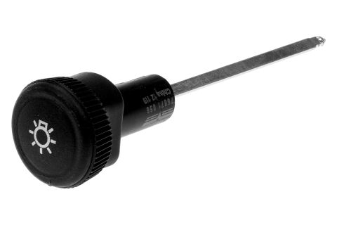 1990 Ford Bronco - A black headlight switch knob is shown with a sunburst icon and a metal shaft, displaying part numbers and origin.
