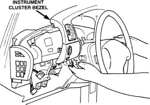 1990 Ford Bronco - Service procedure illustration showing removal of the instrument cluster bezel from the dashboard.