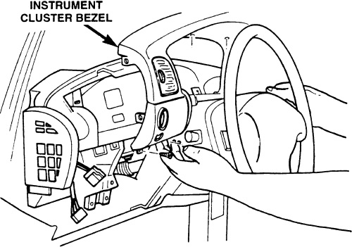 Illustration of hand removing instrument cluster bezel from dashboard near steering wheel