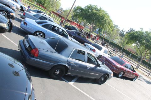 2004 Ford Crown Victoria - Several Ford Crown Victorias and other sedans are parked in a lot under a bright sky.