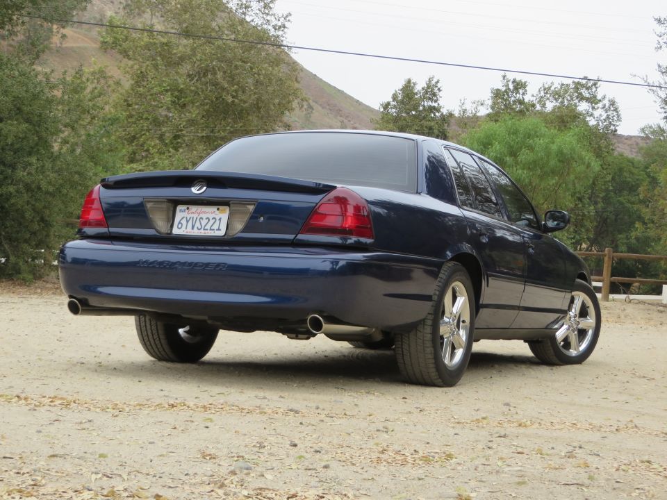 2003 Mercury Marauder rear view, dark blue, California plate 6YVS221