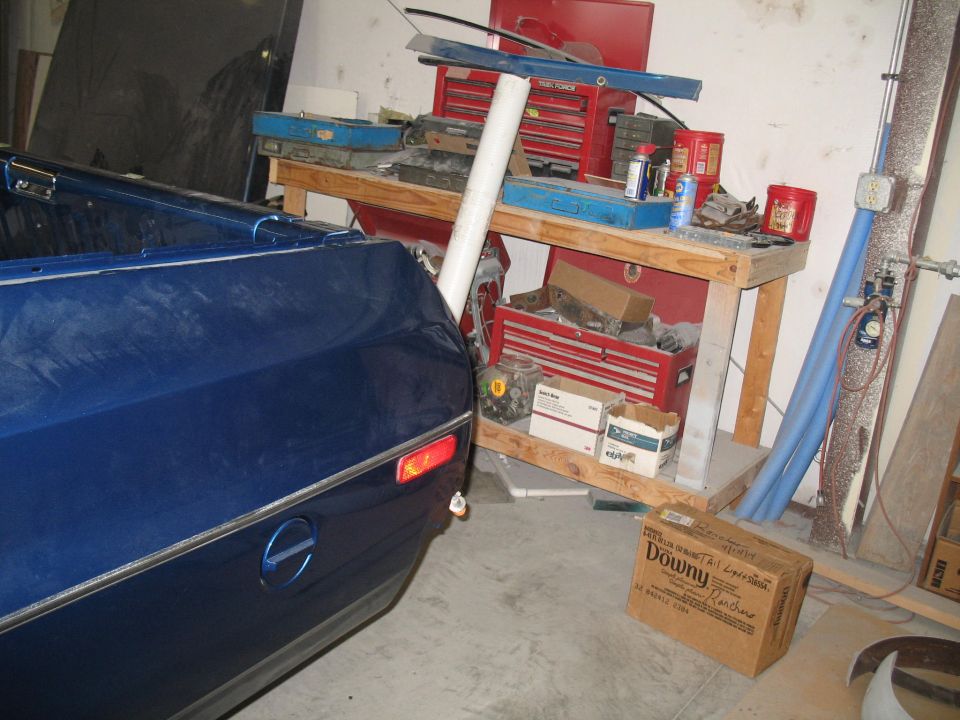 Blue 1972 Ford Ranchero rear quarter panel and bed with chrome trim