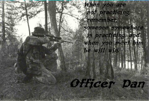 1986 Ford LTD Crown Victoria - A motivational quote about practice is superimposed over a scene of two individuals aiming rifles in a forest.