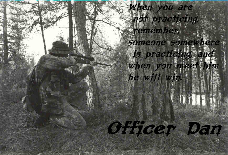 Two people in camo aiming rifles in a wooded area. Text overlay about practice and winning