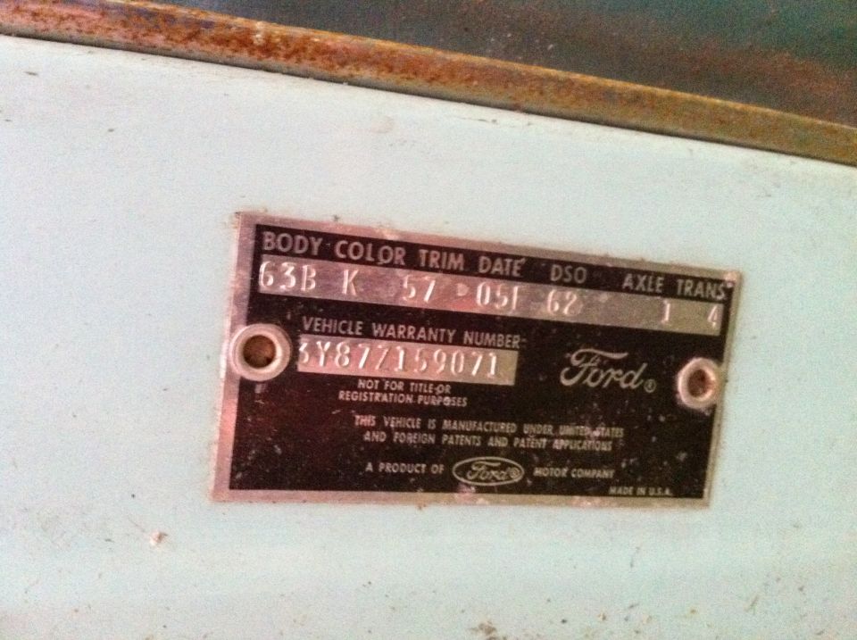 1963 Ford Thunderbird warranty plate with body, color, trim, date, DSO, axle and trans codes