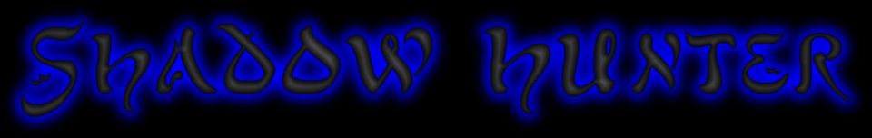 Text that reads "SHADOW HUNTER" in a stylized font with a blue glow