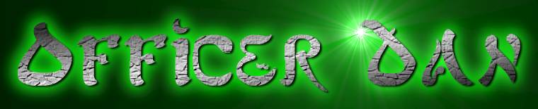 Green graphic with textured letters spelling "OFFICER DAN" and "SUPERMOTORS" logo