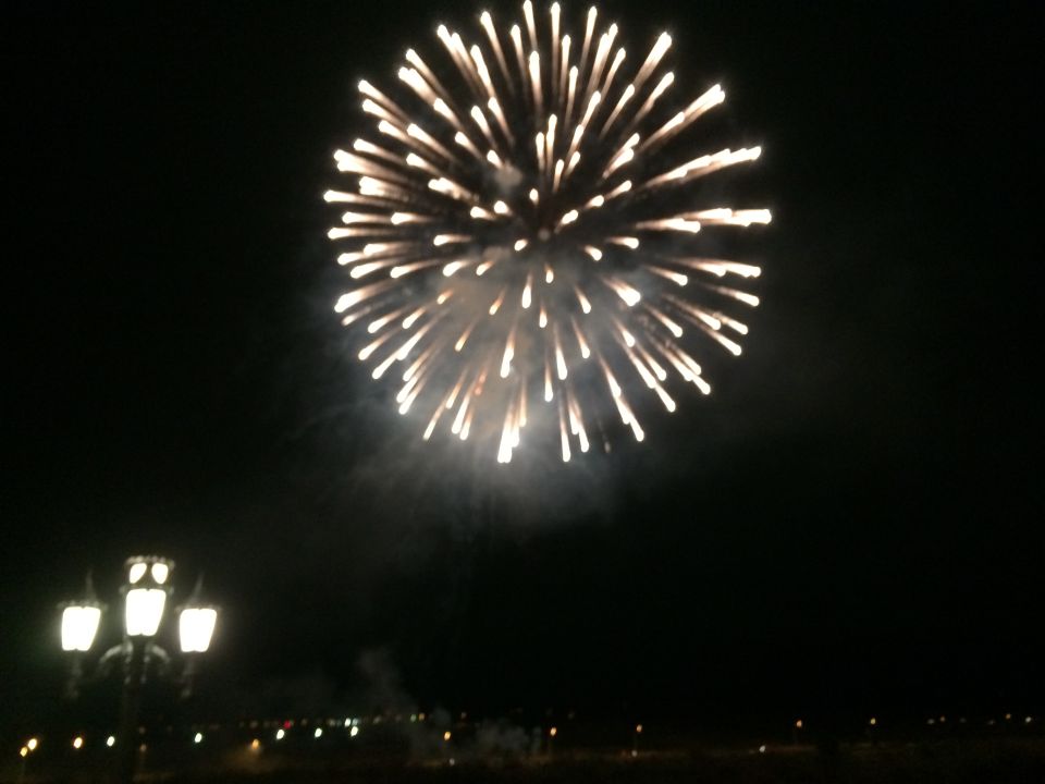 Fireworks explode in the night sky above a street lamp and distant lights