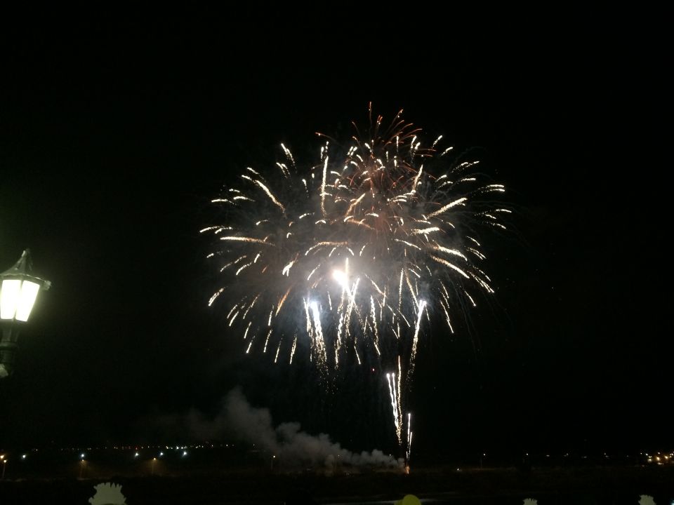 Fireworks explode in the night sky over a distant town