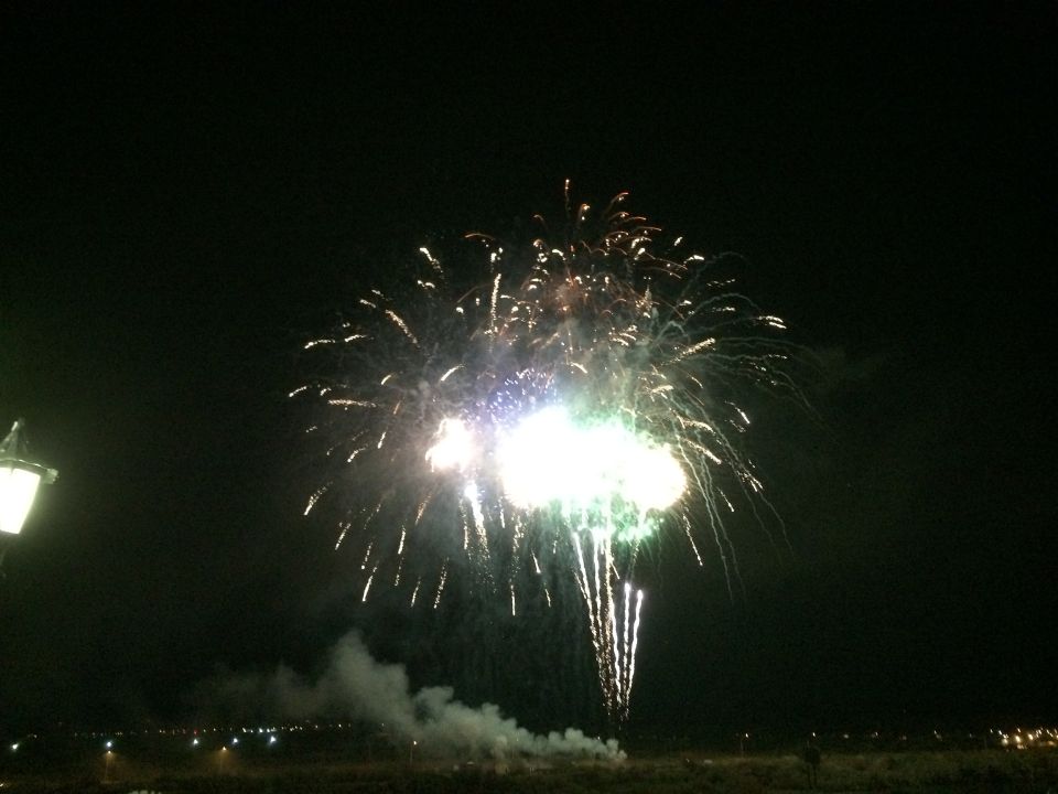 Fireworks explode in the night sky over a distant town