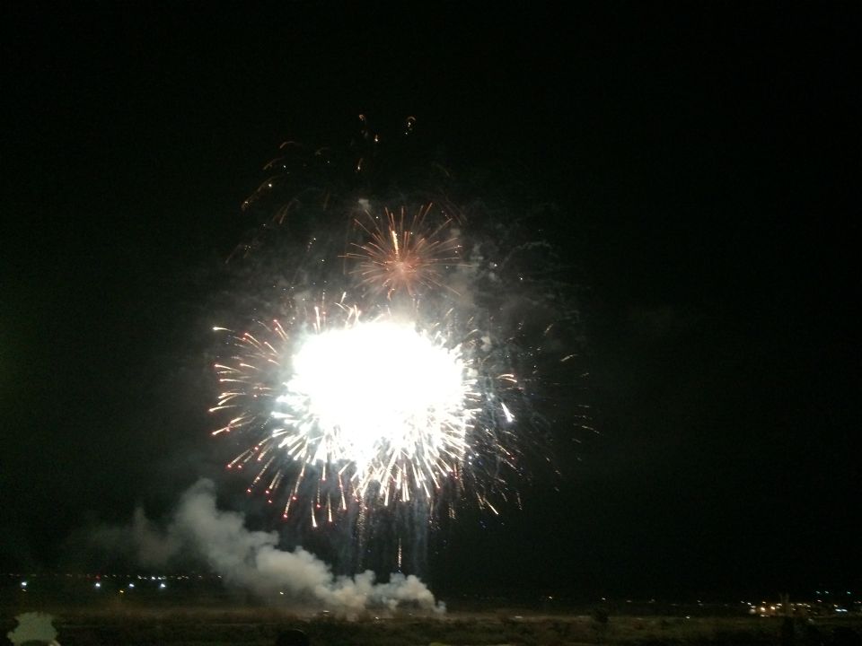 Fireworks explode in the night sky over a distant town