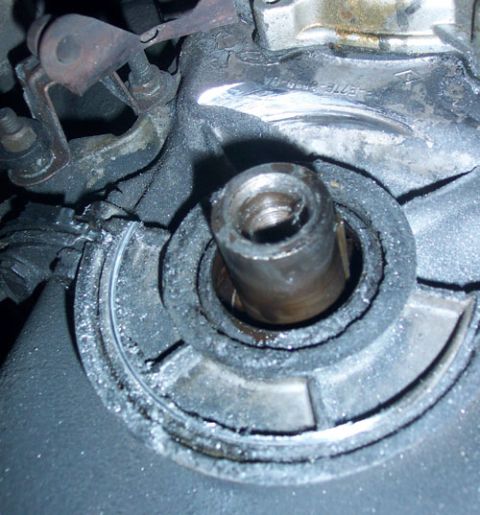 1992 Ford Bronco - If you continue to run the engine after the balancer goes, it eats through the timing cover in a hurry.