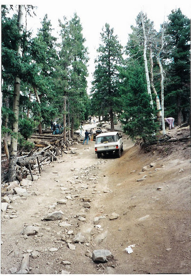 1996 Ford Bronco - Multiple vehicles navigate a challenging off-road trail through a forest.