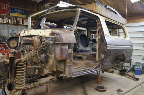1979 Ford Bronco - This disassembled 1978 Ford Bronco is undergoing restoration in a workshop.