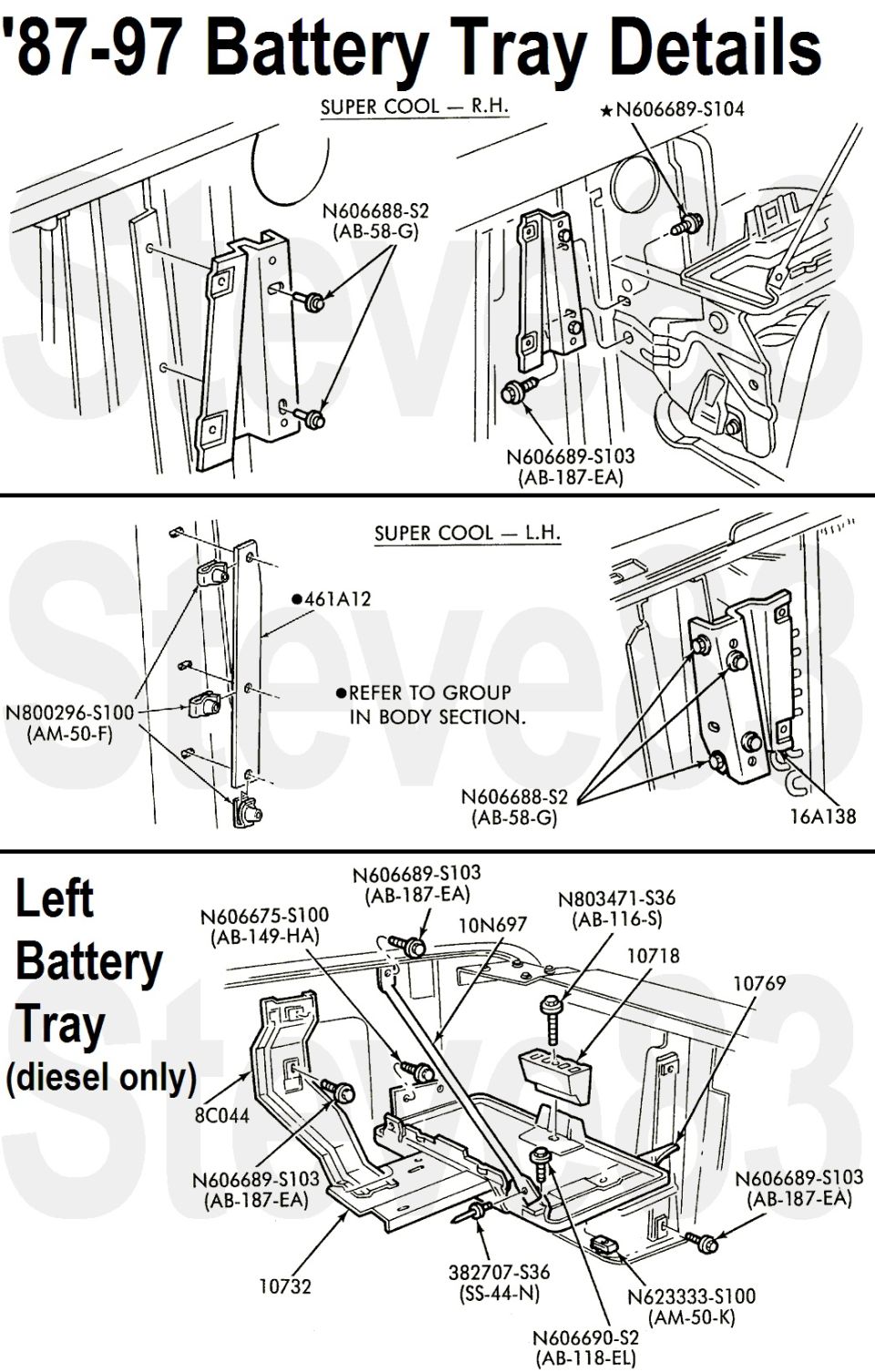 '87-97 battery tray details with Super Cool R.H. and L.H. brackets and diesel-only left tray