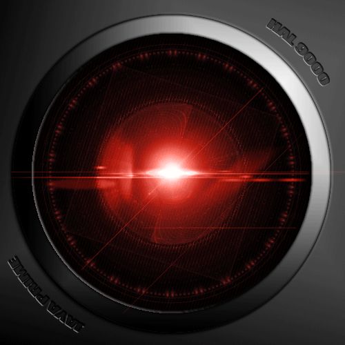Red glowing HAL 9000 computer eye with text HAL 9000 and JAVA PRIME