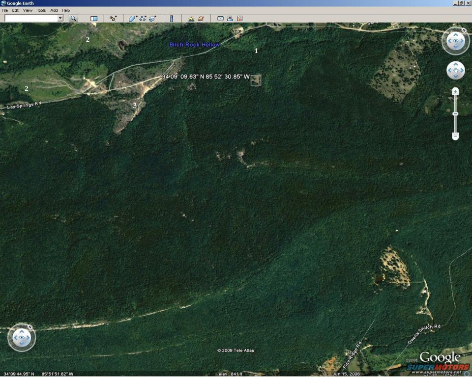 Satellite view of Birch Rock Hollow with coordinates