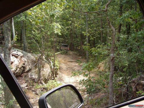 1988 Ford Bronco - Another vehicle navigates a challenging off-road path through a dense forest.