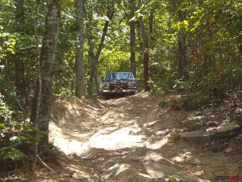 1988 Ford Bronco - 1988 Ford Bronco navigates a challenging off-road trail through a dense forest.