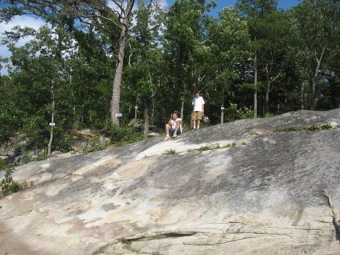1988 Ford Bronco - Two people are standing on a large rock formation with trees in the background.