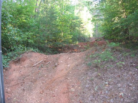 1988 Ford Bronco - A dirt path winds through a dense forest with trees on either side. The path appears to be recently cleared or disturbed, with exposed red…