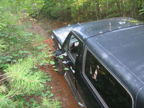 1988 Ford Bronco - A dark colored SUV is parked on a dirt path surrounded by dense green foliage. The vehicle is viewed from a high angle, looking down on the…