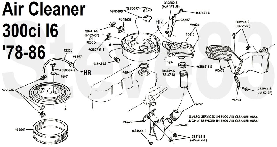 '78-86 300ci I6 air cleaner exploded parts diagram with ducting and hardware part numbers