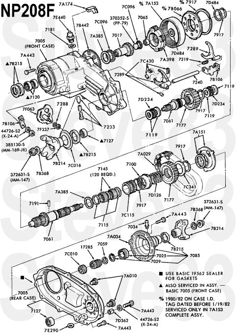 1983 Ford Bronco - New Process 208F Transfer Case (E4TA-7A195-GA) exploded view (Bronco version with fixed rear yoke)