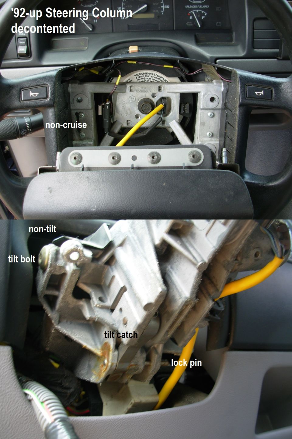 Disassembled steering column with labeled internal parts and yellow wire