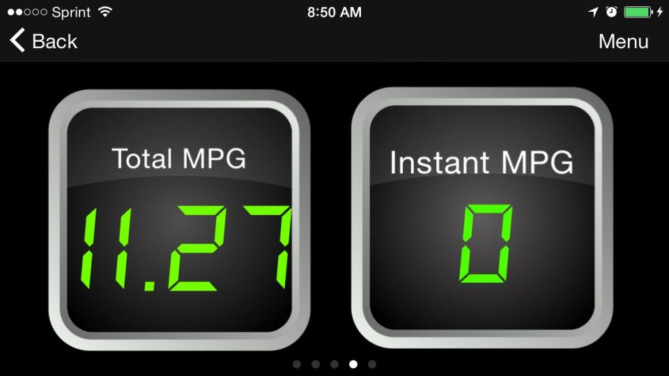 Screenshot of car dashboard showing Total MPG 11.27 and Instant MPG 0