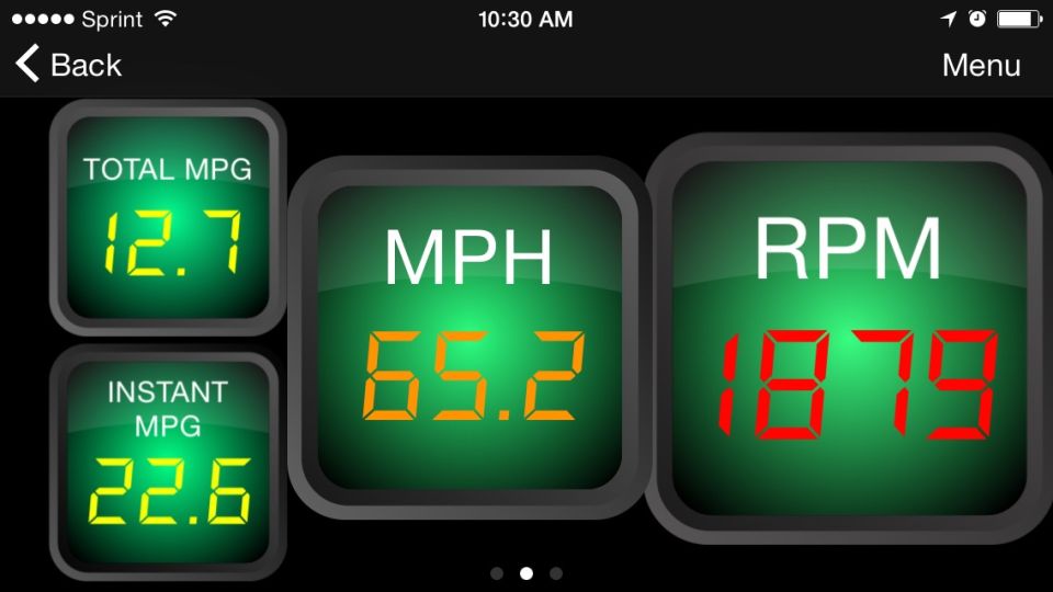Digital dashboard gauges showing MPG, MPH, and RPM readings.