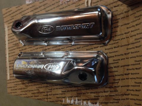 1979 Ford Bronco - Two chrome Ford Motorsport valve covers are displayed on a cardboard box with Priority Mail markings. The top valve cover has the Ford oval…