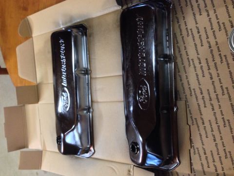 1979 Ford Bronco - Two black Ford Motorsport valve covers are displayed on top of a cardboard box. The valve covers have raised lettering that reads 'Ford' an…