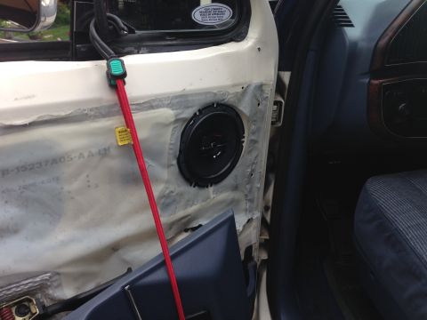 1989 Ford Bronco - New Sony front speaker. Had to drill a couple mounting holes but no big deal. Didn't take the door panel completely off so I bungeed it in…