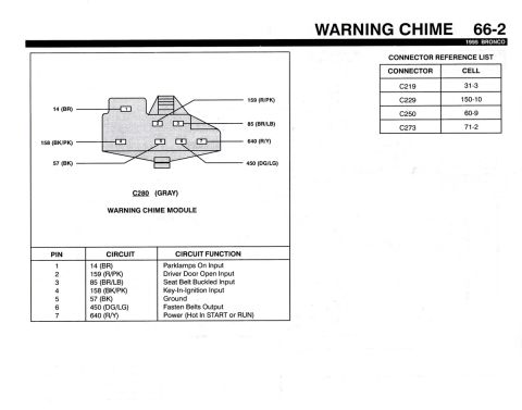 1990 Ford Bronco - This diagram details the wiring for a vehicle's warning chime module, including pinouts and circuit functions.