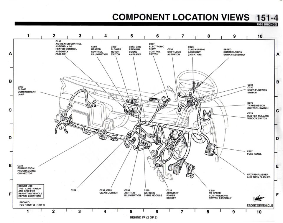 1995 Bronco component location view showing instrument panel connectors and harness routing