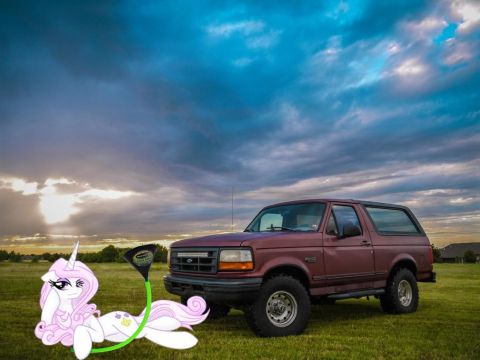 1994 Ford Bronco - A 1994 Ford Bronco is shown in a three-quarter front view, parked in a field under a dramatic sky, accompanied by a cartoon unicorn.