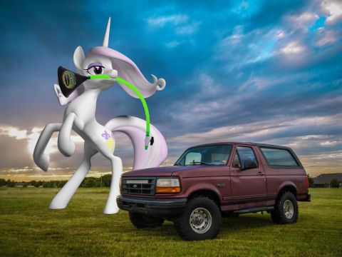 1994 Ford Bronco - A cartoon unicorn appears to be fueling a 1994 Ford Bronco in a grassy field under a cloudy sky.