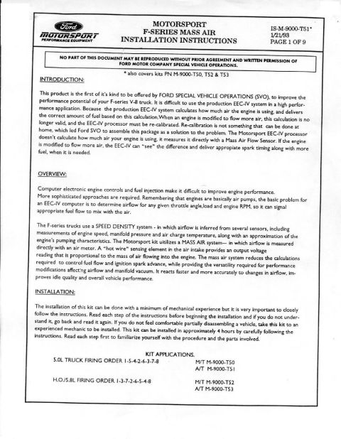 1990 Ford Bronco - Installation instructions for a Ford Motorsport F-Series Mass Air system, detailing kit applications and procedures.