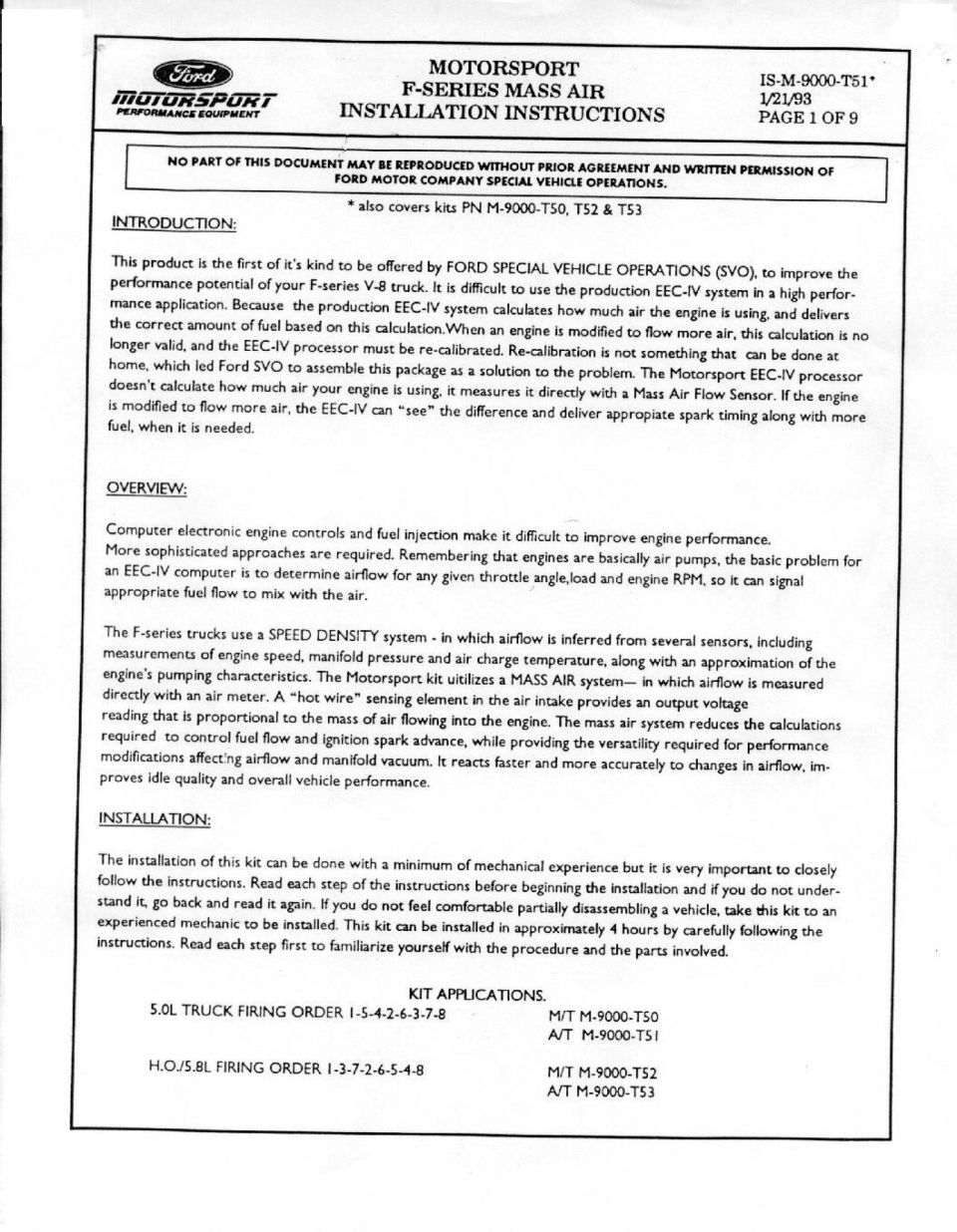 Ford Motorsport F-Series Mass Air install instructions page 1 of 9, IS-M-9000-T51, intro and firing orders