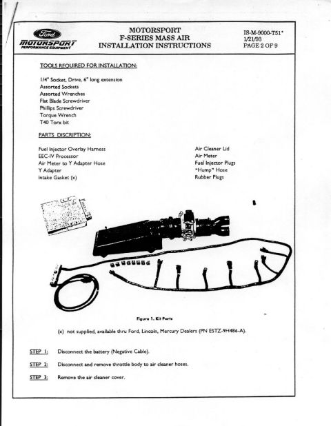 1990 Ford Bronco - Document detailing installation instructions for a Ford F-Series Mass Air system, including tools and parts list.