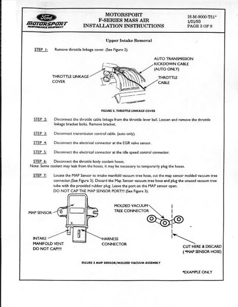 1990 Ford Bronco - Page 3 of the Ford Motorsport Mass Air install: upper intake removal steps, disconnecting throttle/kickdown cables, EGR and IAC connectors,…