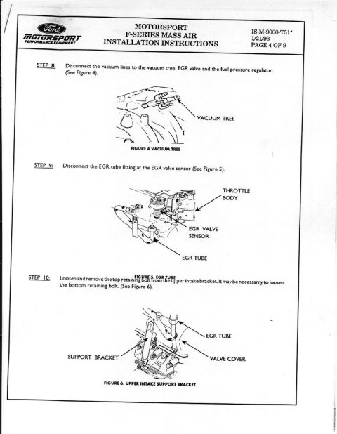 1990 Ford Bronco - Page 4 of the Ford Motorsport Mass Air install: disconnecting vacuum-tree lines to EGR valve and fuel pressure regulator, removing the EGR…