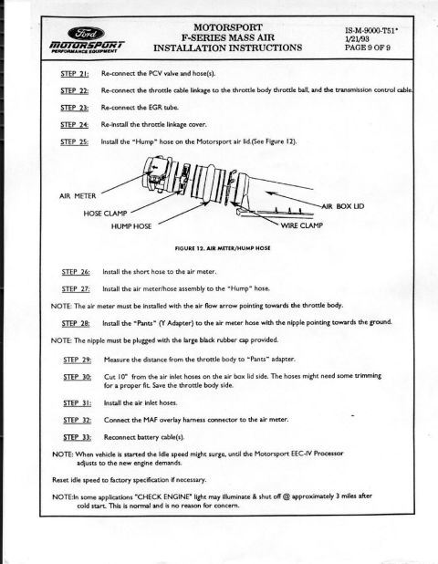 1990 Ford Bronco - Page 9 (final) of the Ford Motorsport Mass Air install: reconnect PCV/EGR/throttle, install hump hose and air meter (flow arrow toward thro…