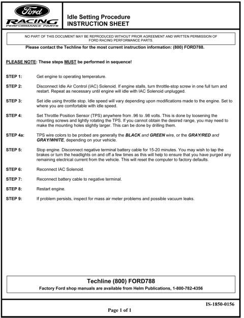1990 Ford Bronco - Ford Racing Performance Parts idle-setting instruction sheet (IS-1850-0156): disconnect IAC, set idle via throttle stop, set TPS to 0.96-0.…