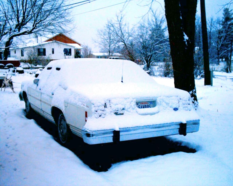 White two-door sedan covered in fresh snow parked under bare trees in a residential yard