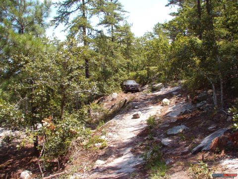 1988 Ford Bronco - A dark-colored Ford Bronco is driving up a rocky, wooded trail. The vehicle is viewed from the front quarter angle, ascending a steep incli…