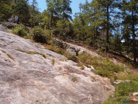 1988 Ford Bronco - A rocky, wooded hillside with a few people standing near the top. The terrain is steep and covered with trees and sparse vegetation.