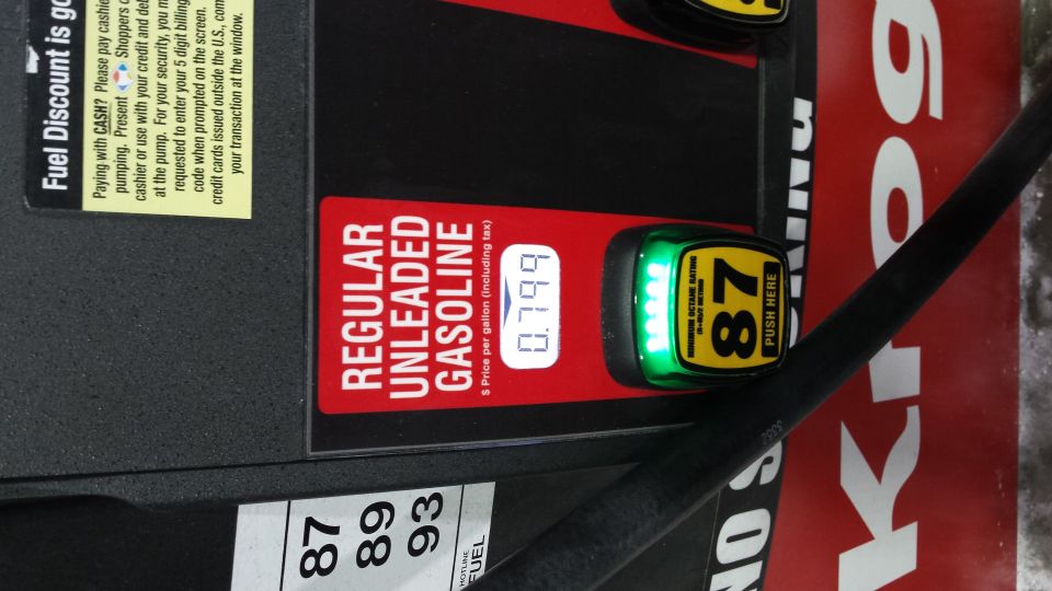 Gas pump showing regular unleaded gasoline price of 0.799 and 87 octane button